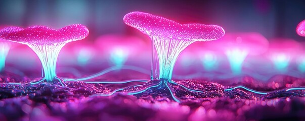 Poster - Cyberpunk biotech with sci-fi high-tech plants concept. Vibrant glowing mushrooms in a surreal, colorful landscape.