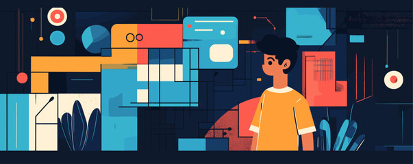 Poster - Abstract technology background with young person in geometric digital environment, vector.