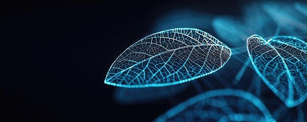 Poster - Cyberpunk biotech with digital plants innovation concept. Close-up of glowing blue leaves with intricate vein patterns.