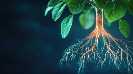 Poster - Cyberpunk biotech with sci-fi high-tech plants concept. A digitally enhanced tree illustrating roots and leaves.