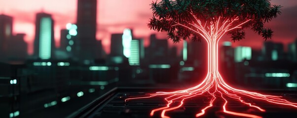 Aufkleber - Cyberpunk biotech with high-tech futuristic plants concept. A glowing tree rooted in a futuristic cityscape at sunset.