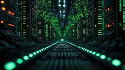 Poster - Cyberpunk biotech with sci-fi high-tech plants concept. Futuristic data center with glowing green accents and trees.