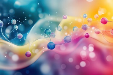 Poster - Molecules moving over a vibrant, wavy background in a dynamic interplay of colors and forms, molecules moving over waving multi coloured background