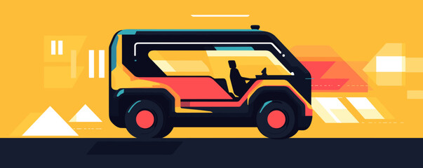 Poster - Futuristic autonomous shuttle on vibrant geometric background vector.