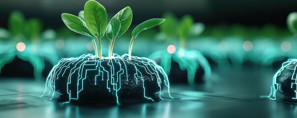 Aufkleber - Cyberpunk biotech with digital plants innovation concept. Futuristic plants with glowing roots symbolizing technology growth.
