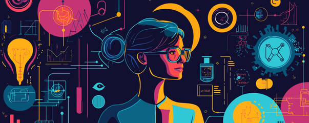 Poster - Futuristic woman with glasses surrounded by technology and science icons on dark background, vector.