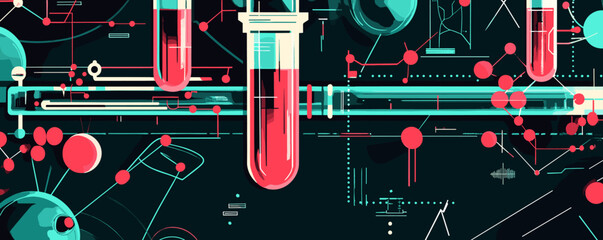Poster - Abstract scientific laboratory design with test tubes and molecular patterns - vector.