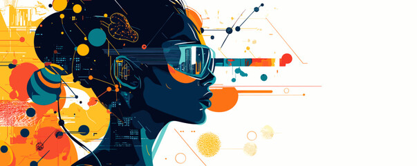 Poster - Futuristic woman wearing vr glasses with abstract geometric elements - vector.