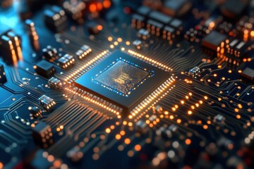 Poster - Close-up view of a microchip surrounded by electronic components and glowing lights