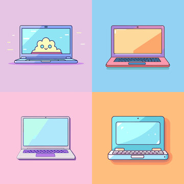 Cute cartoon laptops with colorful pastel screens, perfect for technology-themed illustrations, work or study graphics, digital devices, and playful tech designs for kids and students.

