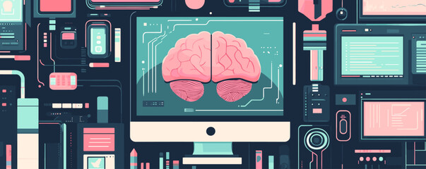 Poster - Futuristic digital brain interface on computer screen surrounded by technology elements – vector.