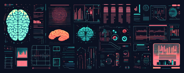 Poster - Futuristic brain interface with data visualizations and graphs on dark background - vector.