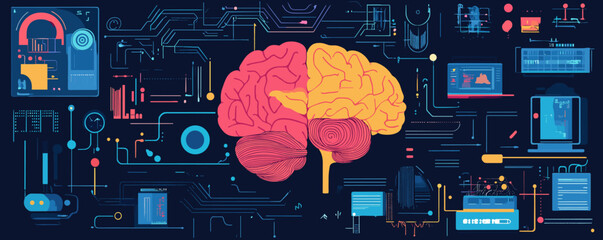 Poster - Futuristic brain and technology interface with data and circuits - vector.