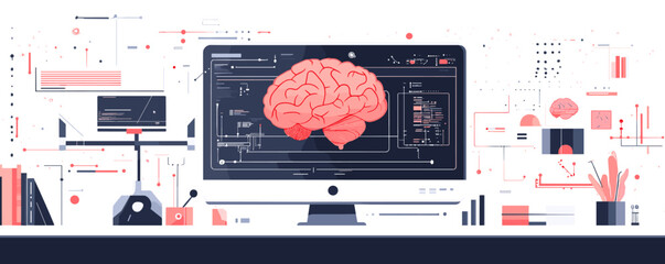 Poster - Futuristic computer with brain interface and data elements - vector.