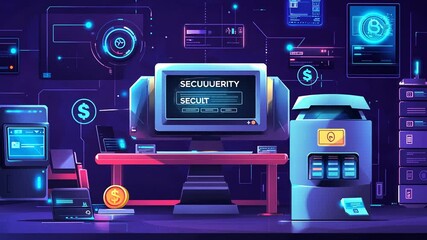 Poster - Futuristic Cyber Security Data Center with Lock Screen Access and Cryptocurrency