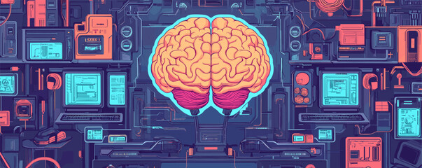 Poster - Futuristic cyber brain with retro computers and circuitry background - vector.