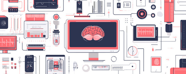 Poster - Futuristic brain technology interface on screens with data charts and tech elements - vector.