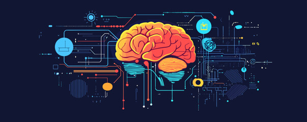 Poster - Human brain with abstract neural connections in technological network - vector.