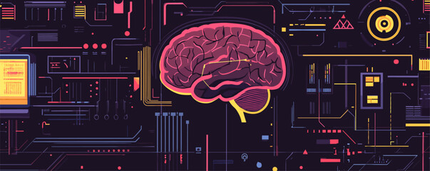 Poster - Futuristic brain interface with digital circuits and data elements - vector.