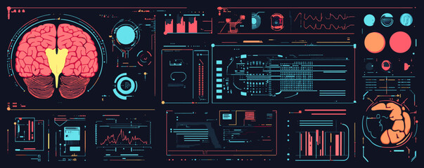 Poster - Futuristic brain and data interface with technology hud design elements - vector.
