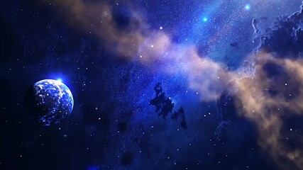 Poster - Cinematic View of a Planet in Deep Space Nebula with Stars and Clouds Background