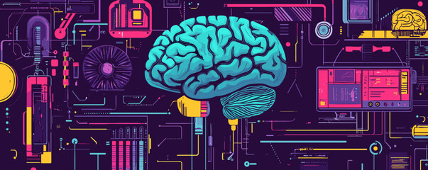 Aufkleber - Futuristic brain and technology interface with circuit elements in digital art style - vector.