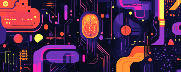 Poster - Futuristic circuit design with brain symbol and abstract elements in vibrant colors - vector.