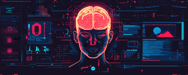 Aufkleber - Futuristic ai interface with human brain and data panels in tech environment - vector.
