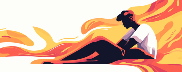 Poster - Person sitting with fiery abstract flames in the background vector.