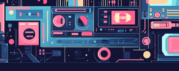 Poster - Retro futuristic control panel with neon colors and tech elements - vector.