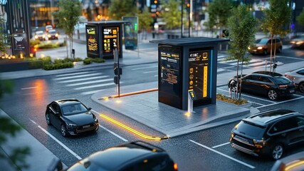 Poster - Futuristic city landscape with electric vehicle charging station and smart technology