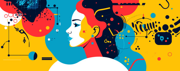 Poster - Abstract portrait of woman with geometric patterns and vibrant colors vector.
