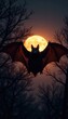 © Supagorn - Dark silhouette of flying bat with rough textured fur, spread wings in mid-air , animals, black
