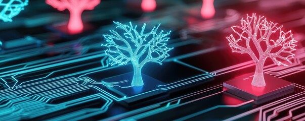Poster - Cyberpunk biotech with high-tech futuristic plants concept. Futuristic trees on a circuit board representing technology.