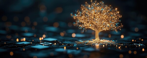 Poster - Cyberpunk biotech with digital plants innovation concept. A glowing tree emerges from a circuit board, symbolizing nature's resilience.