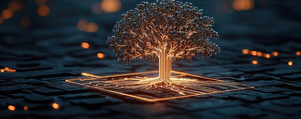 Aufkleber - Cyberpunk biotech with digital plants innovation concept. A glowing tree emerging from a digital circuit background.