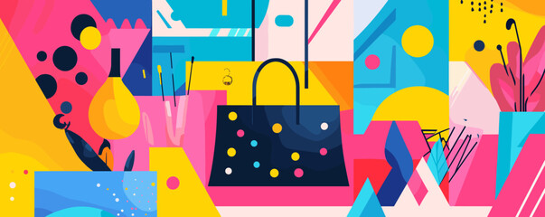 Poster - Abstract geometric shopping bag pattern in vibrant colors - vector.