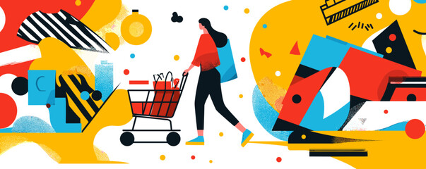 Poster - Colorful abstract shopping scene with woman and cart in geometric style - vector.