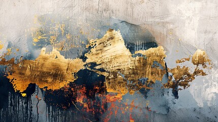 Poster - Abstract painting with a rough texture. The colors are blue, gold, and white.
