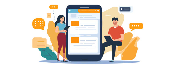 Poster - People engaging with smartphone apps and messages concept - vector.