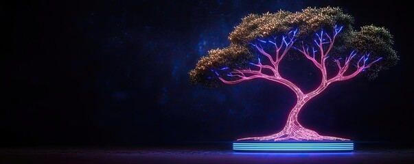 Aufkleber - Cyberpunk biotech with digital plants innovation concept. Vibrant illuminated bonsai tree against a dark backdrop.