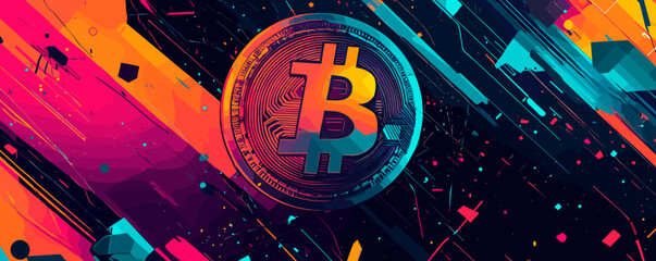 Poster - Colorful abstract bitcoin design with geometric patterns and dynamic lines - vector.