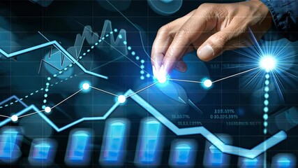 Poster - A hand interacts with multiple graphs displaying data trends and analytics in a dynamic digital setting