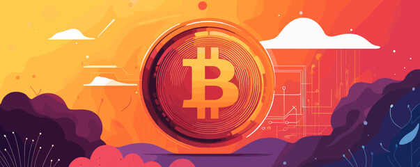 Poster - Bitcoin cryptocurrency symbol with futuristic abstract landscape in sunset colors vector.