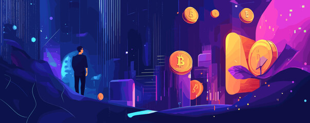 Poster - Futuristic cryptocurrency world with bitcoins and technology elements - vector.