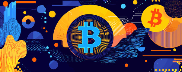 Poster - Colorful abstract bitcoin symbol with digital patterns on dark background vector.