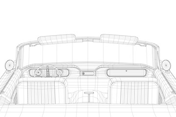 Poster - A drawing of a car with a windshield and a dashboard. The car is a vintage model. The drawing is in black and white