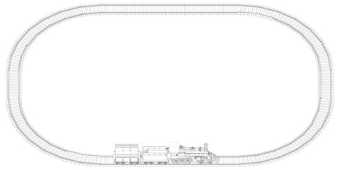 Poster - A train track is shown in a black and white drawing. The track is oval in shape and has a train on it. The train is positioned in the middle of the track, and it is moving