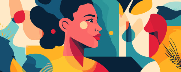 Poster - Colorful abstract portrait of a woman with geometric shapes in a modern style - vector.
