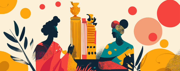 Poster - Abstract conversation between two figures with vibrant geometric elements - vector.